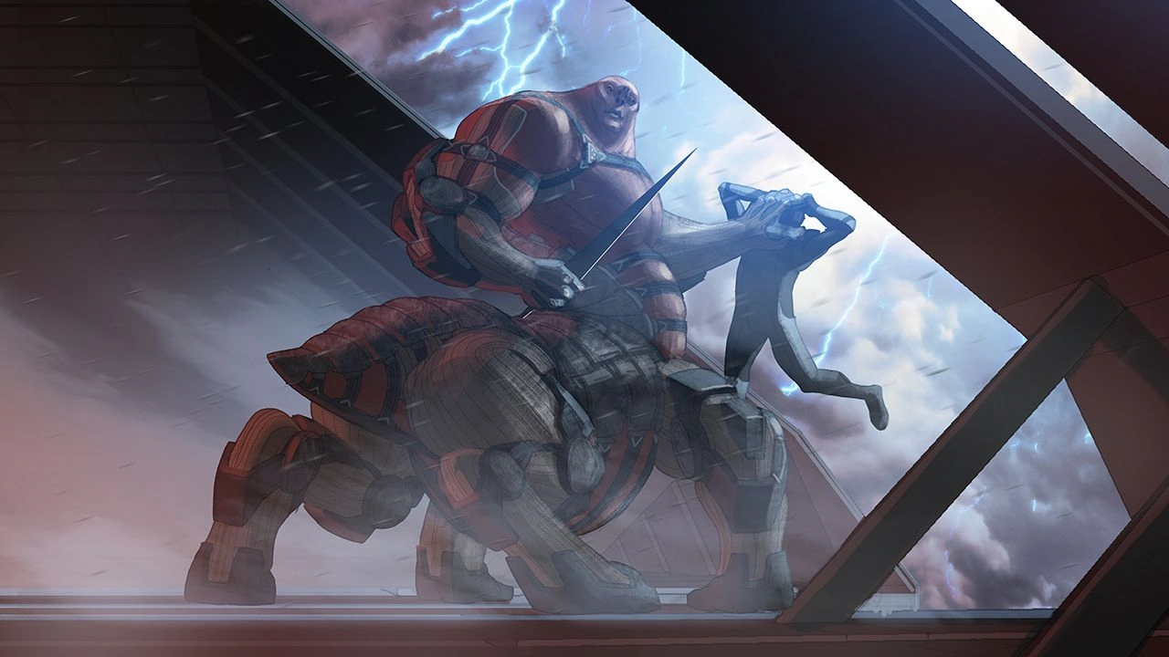 [Mass Effect] Концептуальный рисунок: Серый посредник убивает человека.