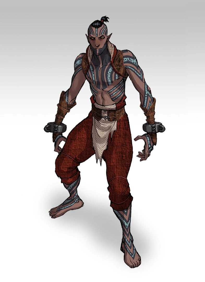 [Dragon Age 2] Концептуальный рисунок: Светлокожий Фенрис с руническими татуировками.