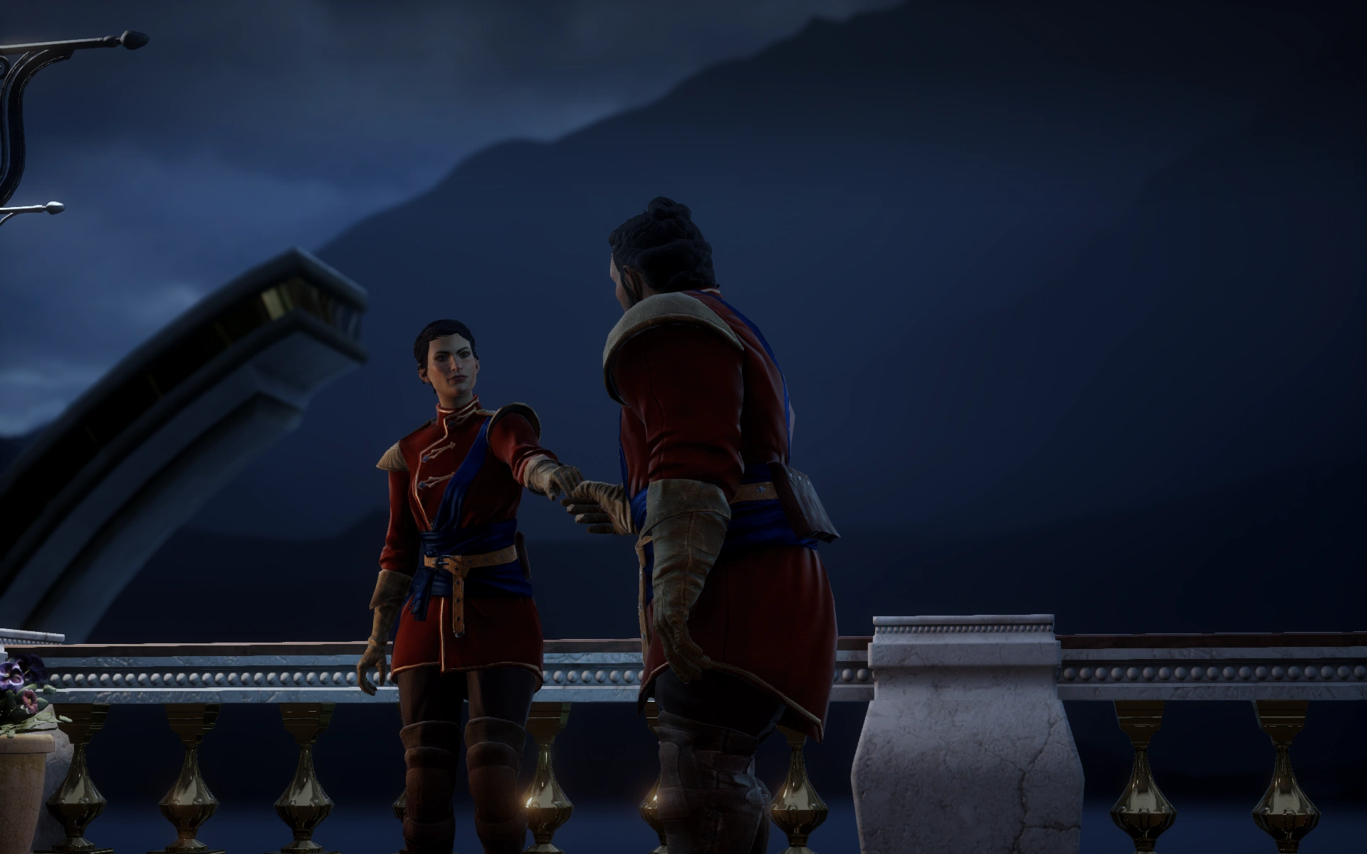 [Dragon Age: Inquisition] На скриншоте: Кассандра и Инквизитор на балу.