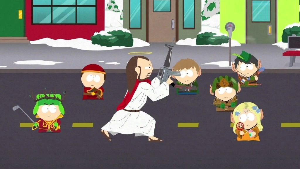 [South Park: The Stick of Truth] На скриншоте: Иисус с автоматом.