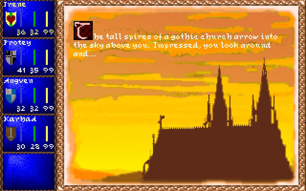 [Darklands] На скриншоте: Шпили готической церкви.