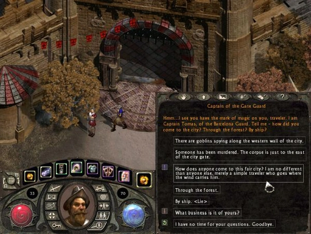 [Lionheart: Legacy of the Crusader] На скриншоте: Диалог у ворот Барселоны.