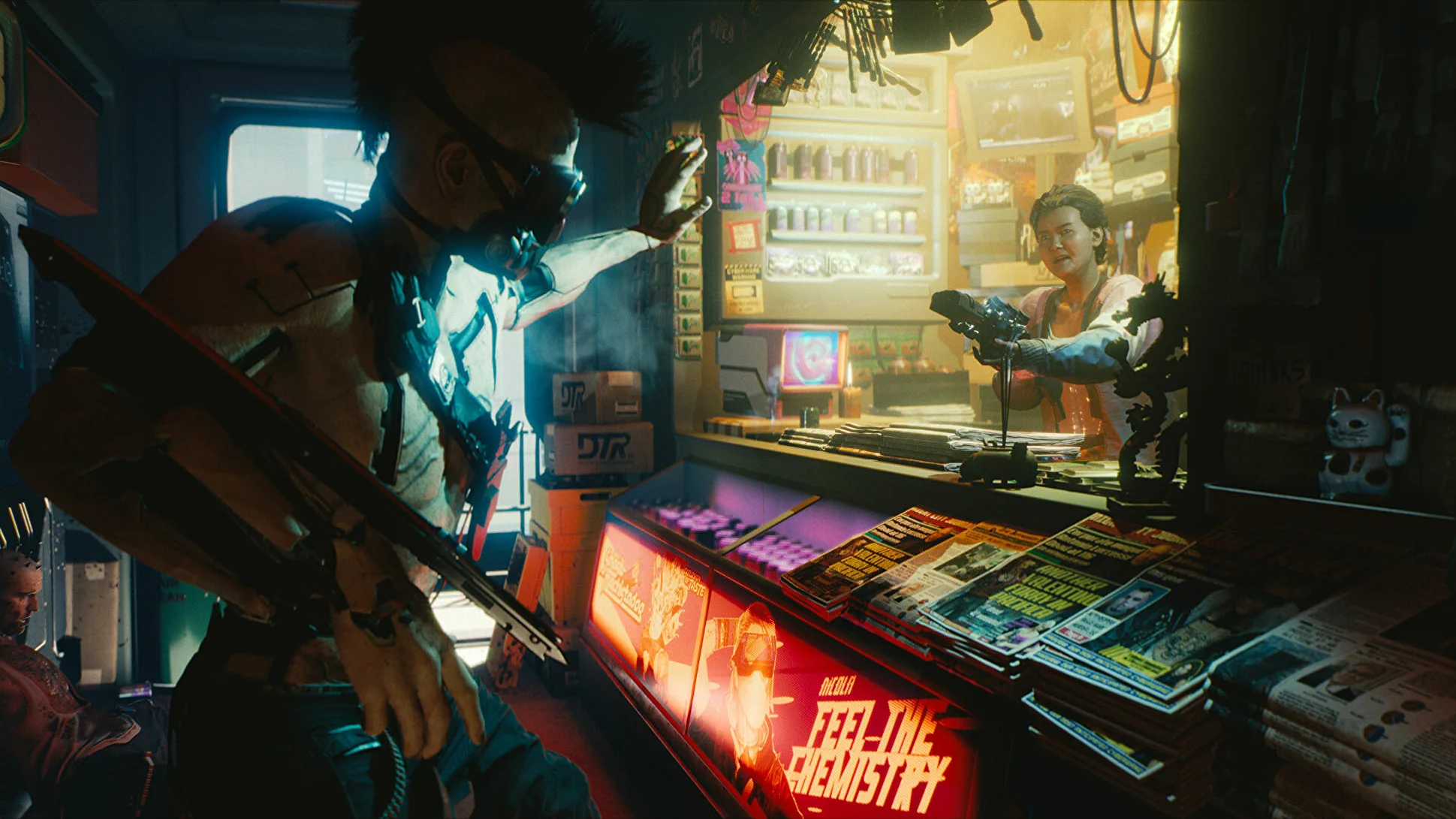 [Cyberpunk 2077] На скриншоте: Вооружённый продавец.