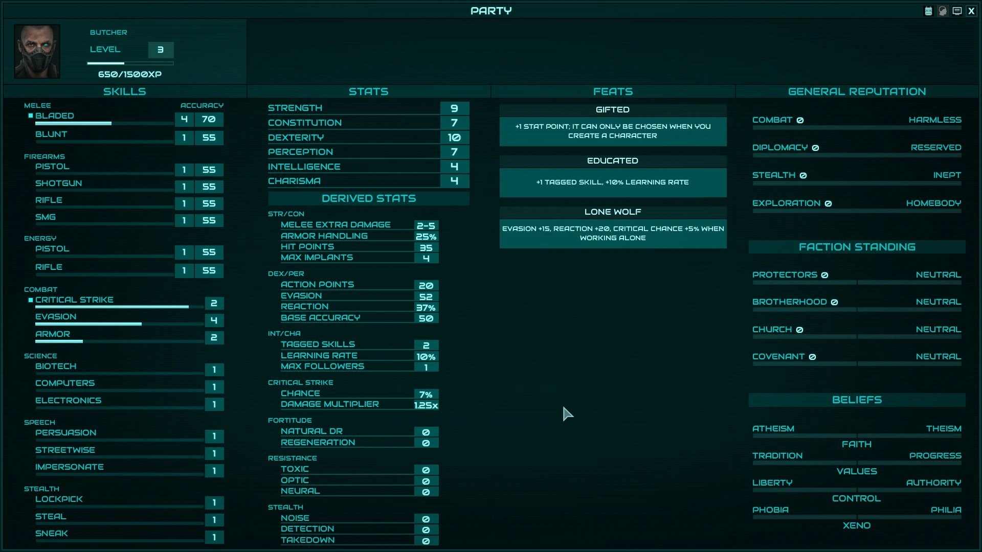 [Colony Ship RPG] На скриншоте: Экран персонажа.