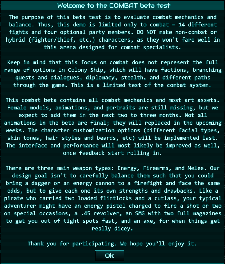 [Colony Ship RPG] На скриншоте: Предупреждение тестирующим демо-версию боевой системы.