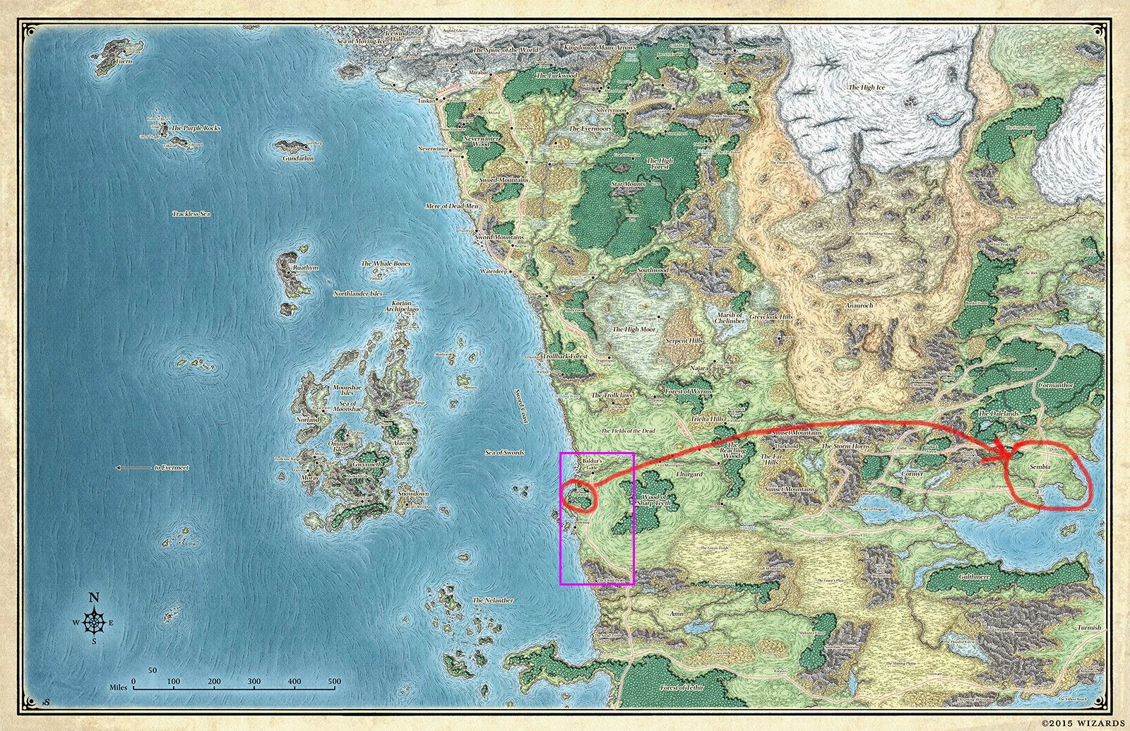 Путь в Сембию и место действия Baldur’s Gate на карте «Забытых королевств».