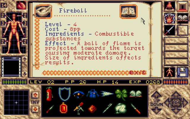 [Elvira 2: The Jaws of Cerberus] На скриншоте: Описание заклинания Fireball