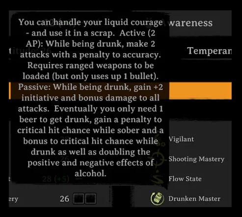 Скриншот Broken Roads: Описание навыка Алкоголизм.