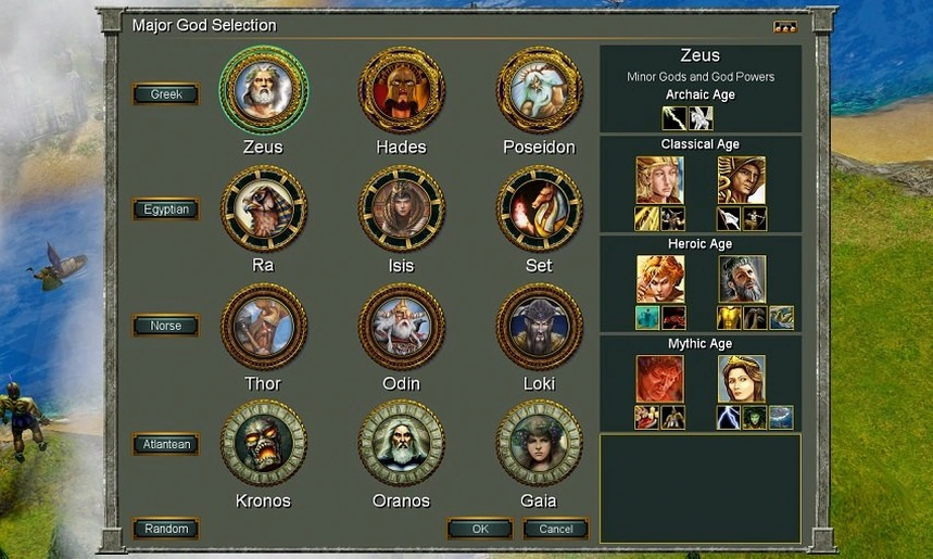 На скриншоте: Выбор богов в Age of Mythology.