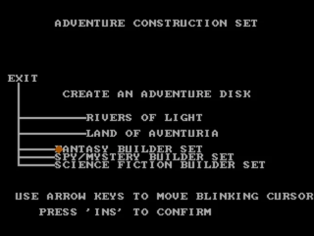 Меню Stuart Smith's Adventure Construction Set (1984).