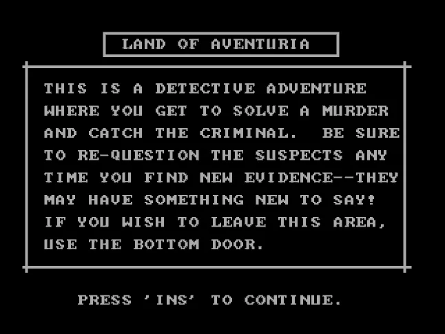 Скриншот Stuart Smith's Adventure Construction Set (1984): детективный модуль.