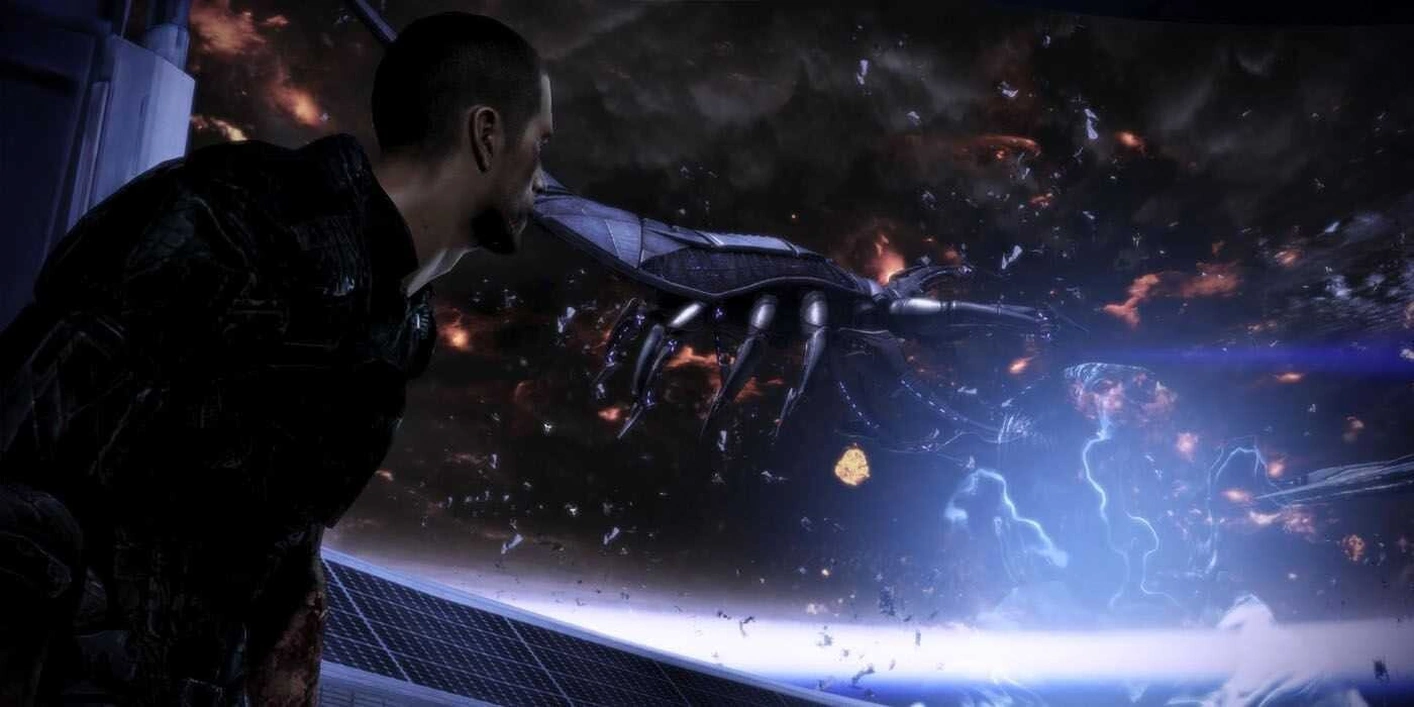 [Mass Effect 3] На скриншоте: Шепард смотрит на Жнецов.