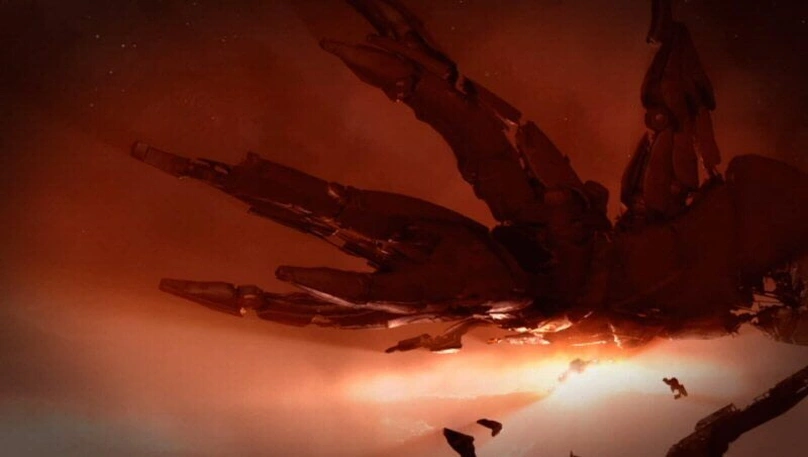 [Mass Effect 2] На скриншоте: Мёртвый Жнец падает на звезду.