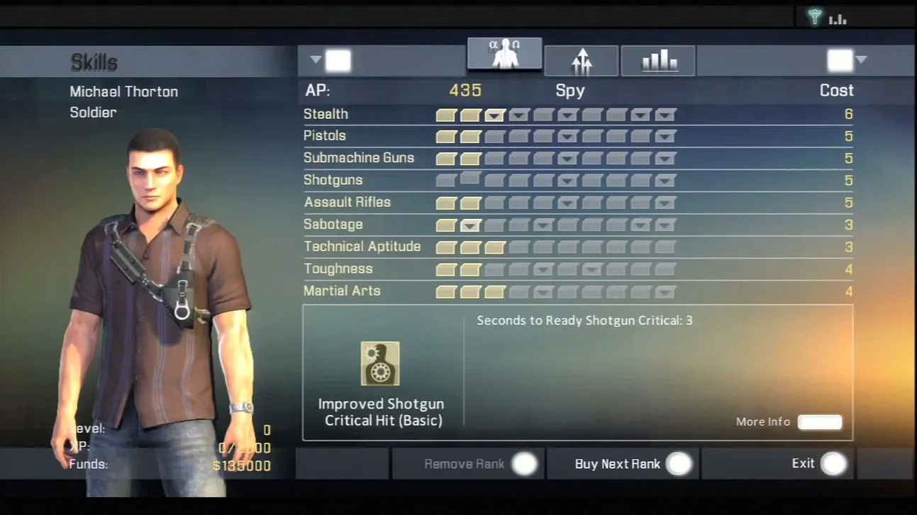 Экран персонажа в Alpha Protocol.