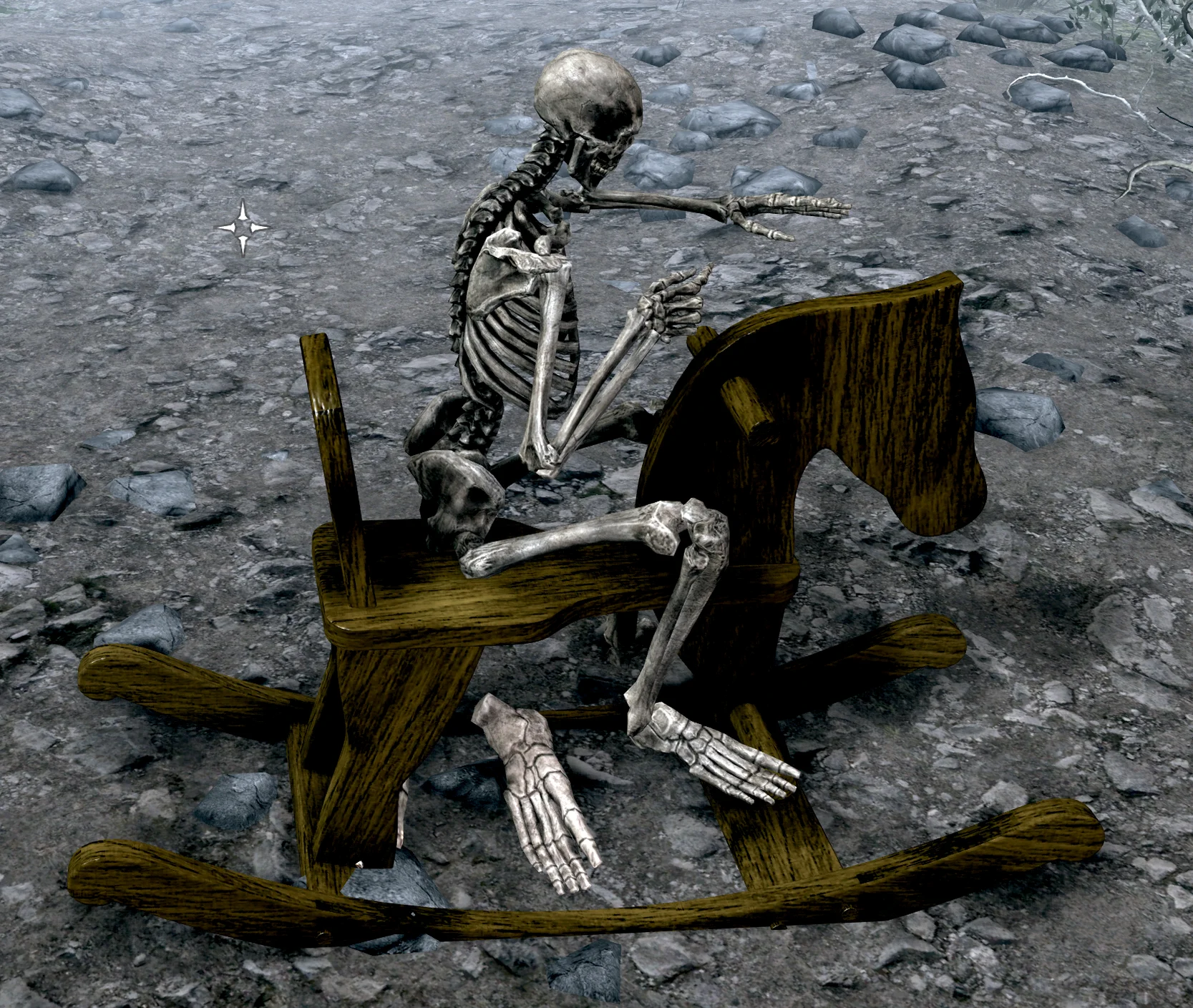 [The Elder Scrolls V: Skyrim — Enderal] На скриншоте: Скелет на деревянной лошади.
