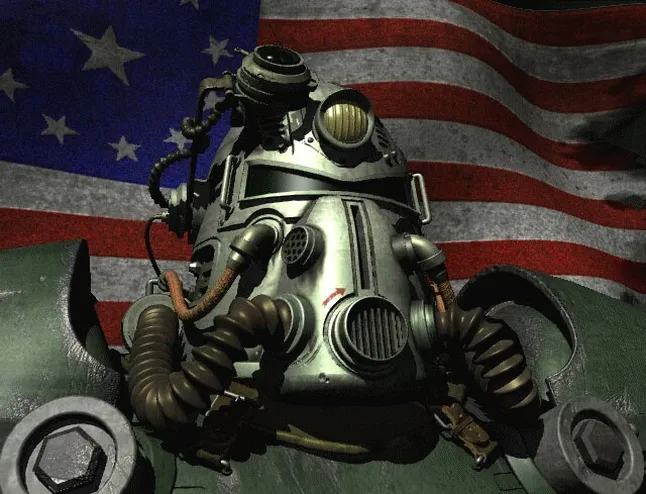 [Fallout] На скриншоте: Силовая броня на фоне американского флага.