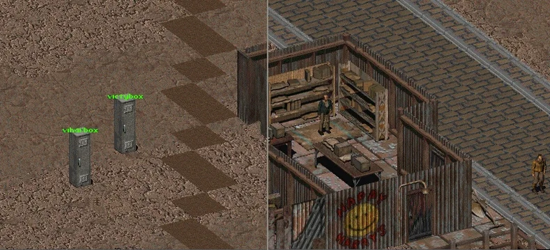 Скриншот Fallout 2: Товарный и личный ящики слева от Гарри.