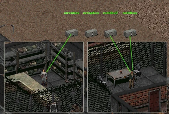 Скриншот Fallout 2: Ящики Ренеско и Элдриджа на севере карты.