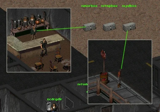 Скриншот Fallout 2: Ящики бармена и Хулио на севере карты. Между ними общий ящик Нью-Рино для личных вещей.