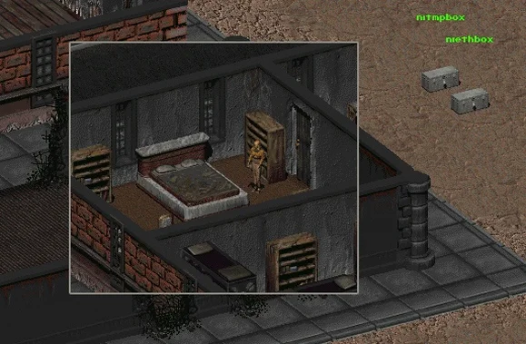 Скриншот Fallout 2: Ящики жены Райта на востоке карты.