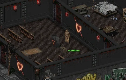 Скриншот Fallout 2: Отец Тулли и ящик для пожертвований рядом с ним.