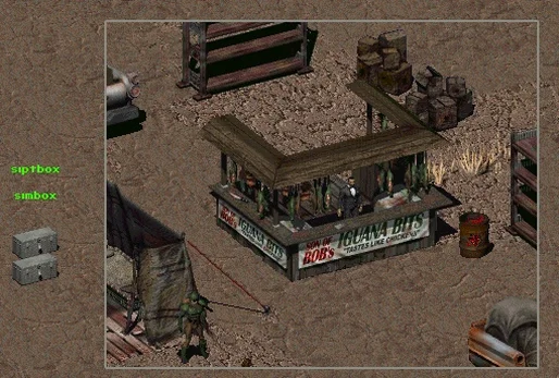 Скриншот Fallout 2: Ящики Майки на западе карты.