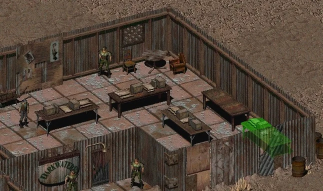 Скриншот Fallout 2: Четвёртый стол Киллиана указан зелёным.