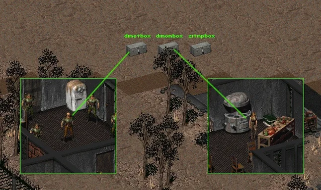 Скриншот Fallout 2: Товарные ящики на северо-востоке Дыры.