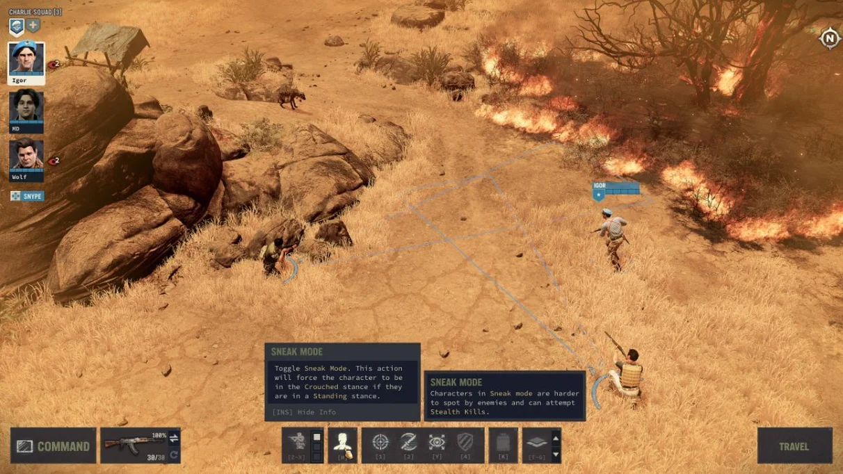 [Jagged Alliance 3] На скриншоте: Пожарище в пустыне.