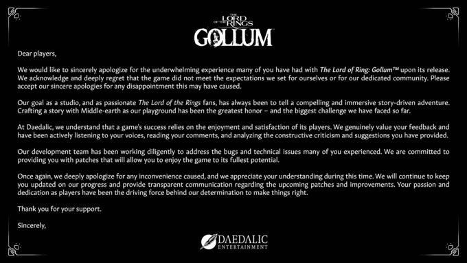 Извинения от разработчиков Lord of the Rings: Gollum.