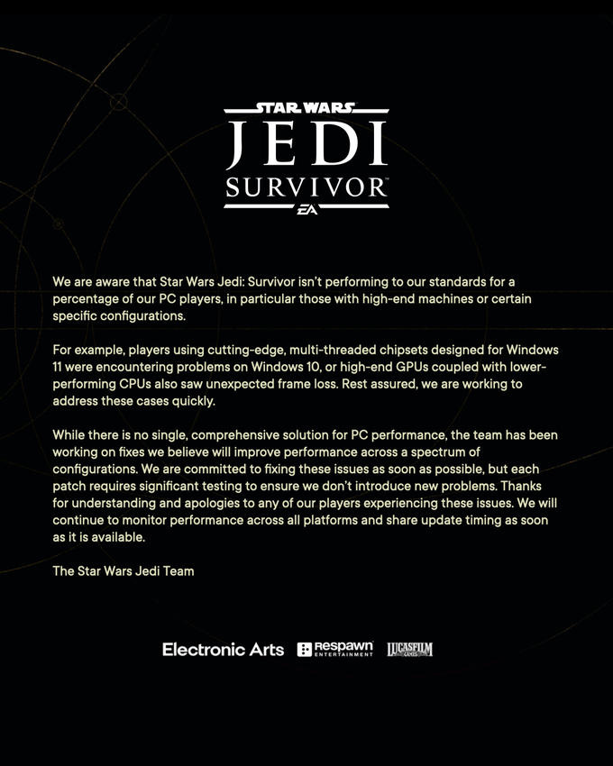 Извинения от разработчиков Star Wars: Jedi Survivor.