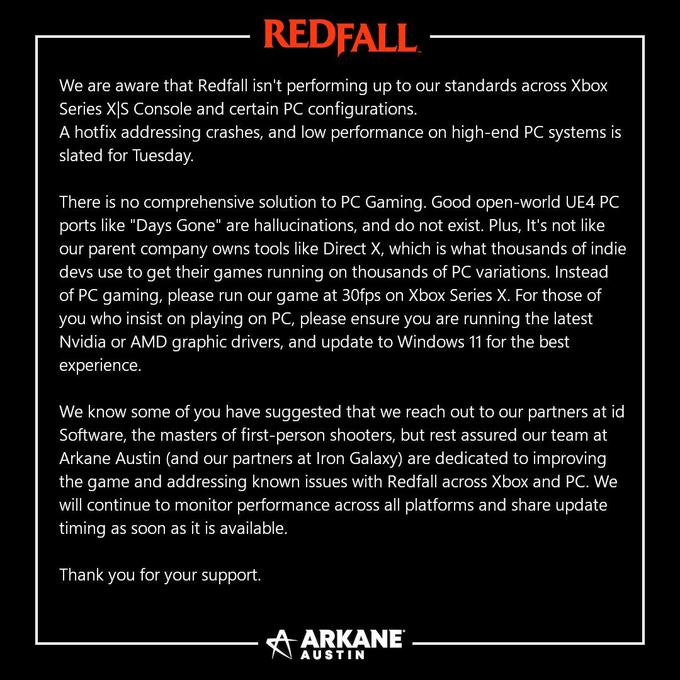 Фальшивые извинения от разработчиков Redfall.