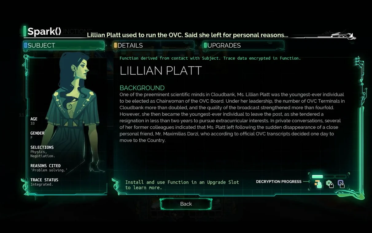Скриншот Transistor: Информация о Лилиан Платт.