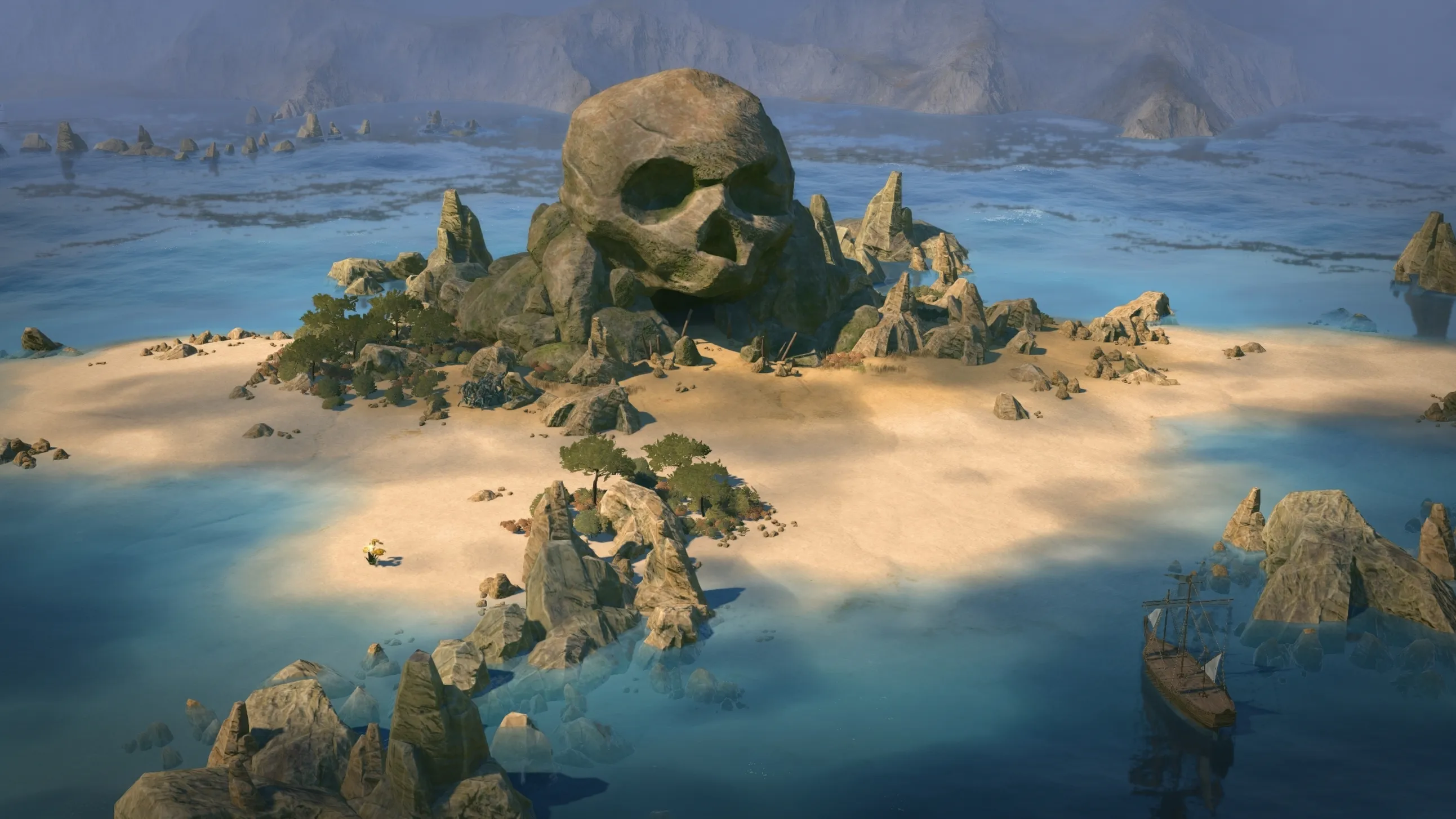 [Wartales: Pirates of Belerion] На скриншоте: Скала-череп.