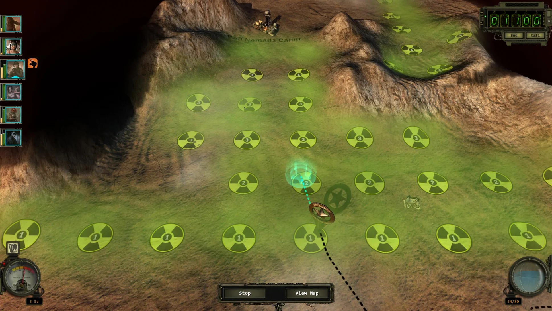 Скриншот Wasteland 2: Радиоактивные области на карте.