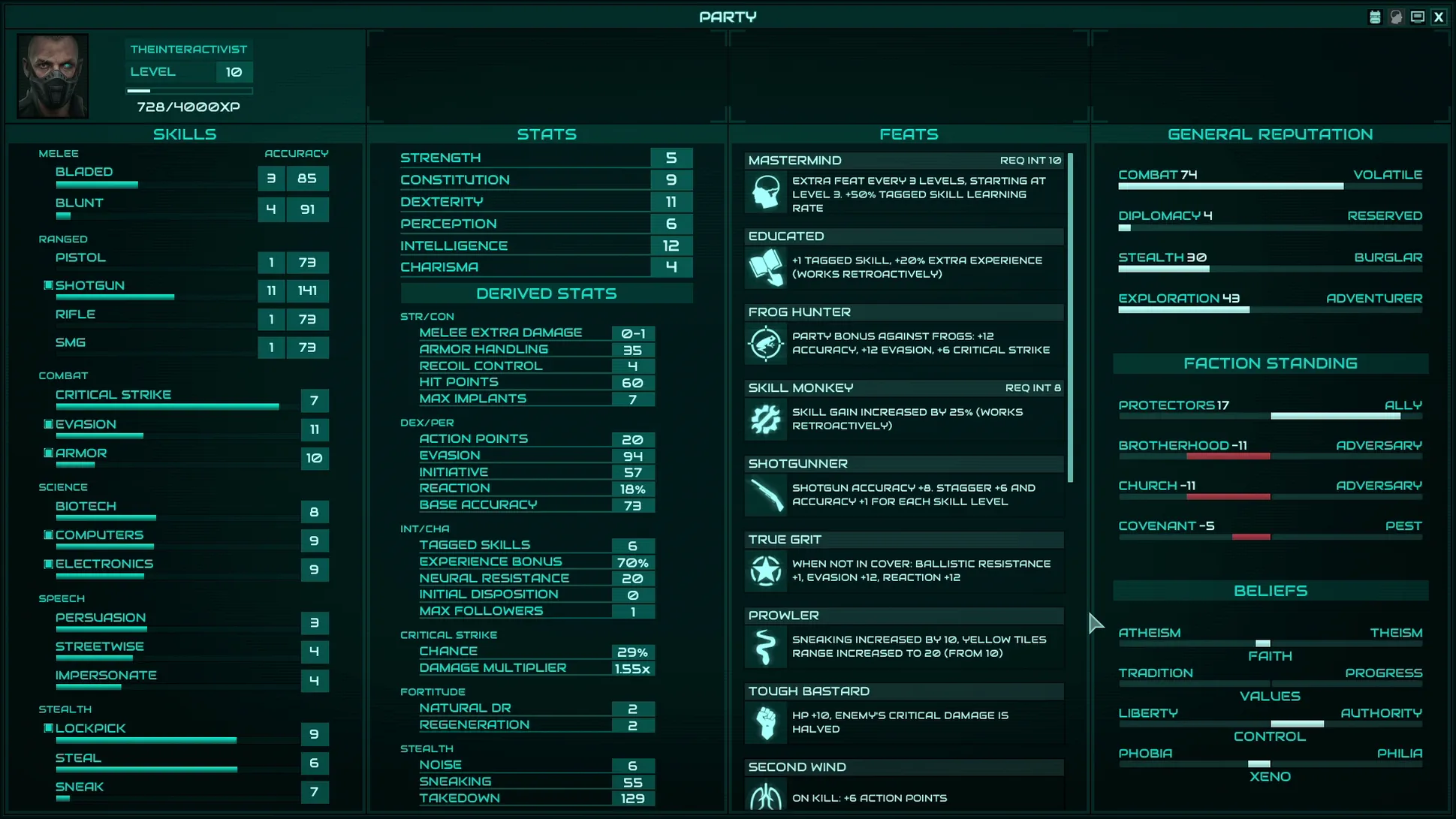 [Colony Ship] На скриншоте: Экран персонажа.