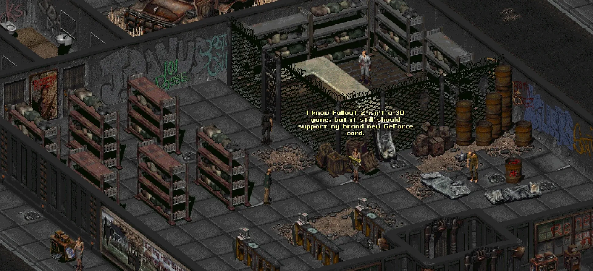 Скриншот Fallout 2: Общий вид и смешнявки по поводу видеокарты.