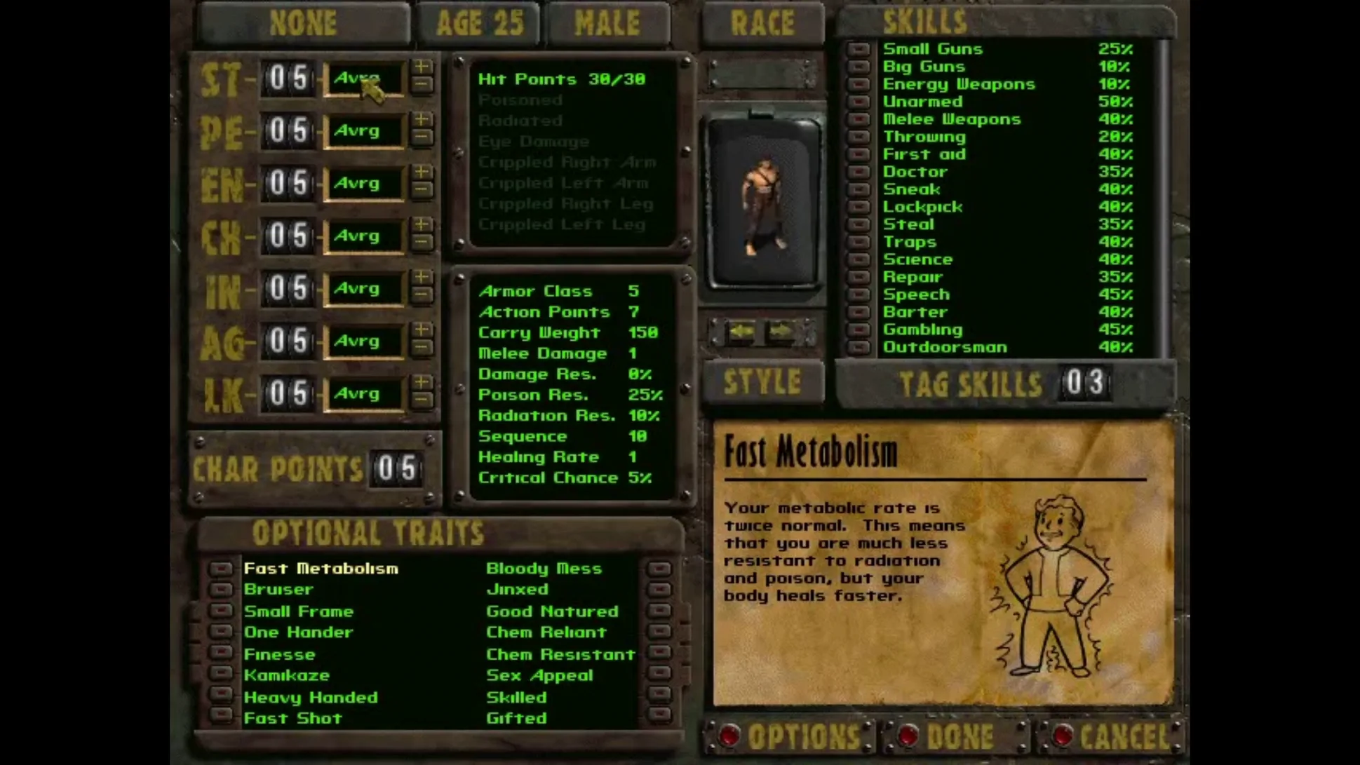 Скриншот Fallout 2: Экран создания персонажа.