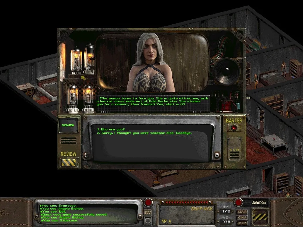 [Fallout 2] На скриншоте: Диалоговое меню и Анжела Бишоп.